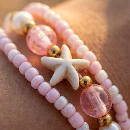 Handmade Pastel Pink White Gold Beaded Bracelet Set, Starfish Charm, Boho Ocean Jewelry