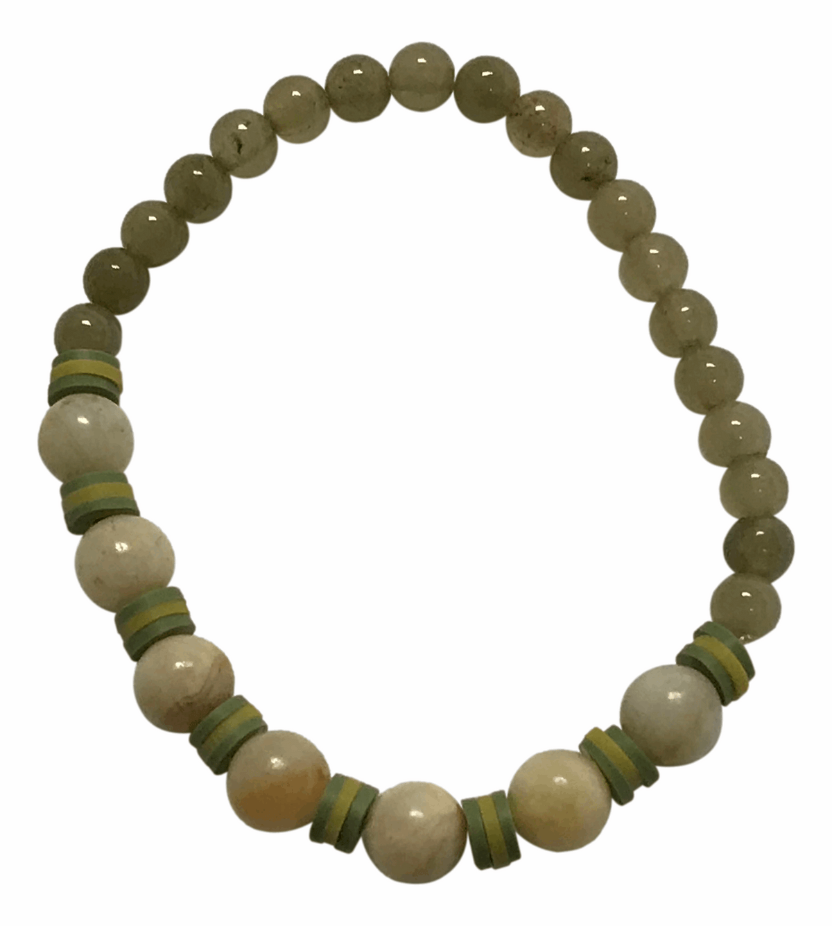Handmade Natural Green Jasper & Cream Agate Beaded Bracelet - Artisanal Boho Style Jewelry with Vibrant Yellow Heishi Disc Spacers