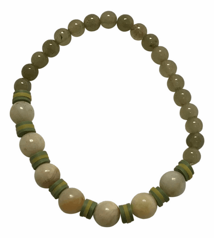 Handmade Natural Green Jasper & Cream Agate Beaded Bracelet - Artisanal Boho Style Jewelry with Vibrant Yellow Heishi Disc Spacers