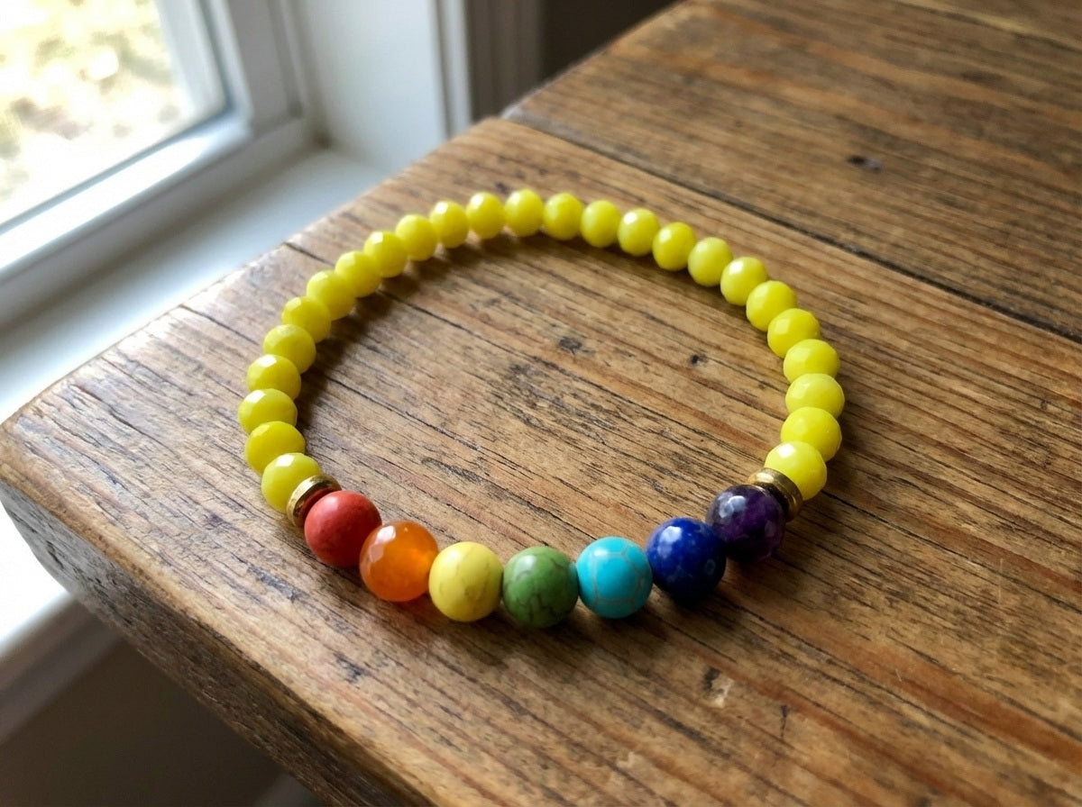 Colorful beaded bracelet on a wooden surface near a window