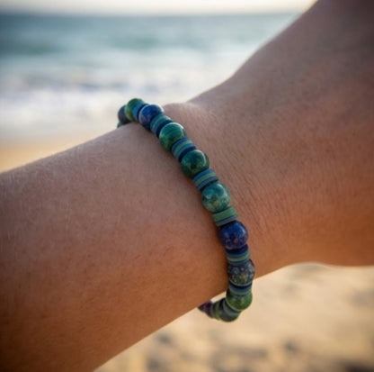 Handmade Azurite Malachite Beaded Bracelet - Natural Blue Green Gemstone Jewelry - Boho Style with Matching Heishi Disc Spacers