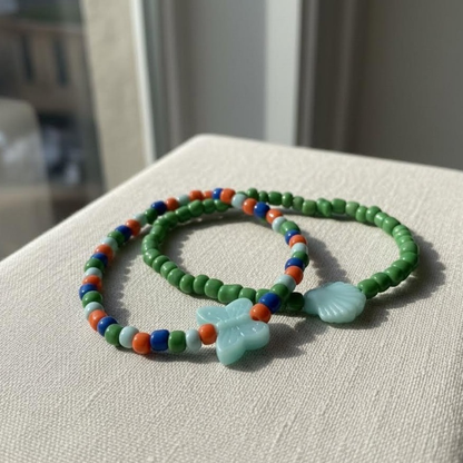 handmade beaded green multicolored butterfly seashell charm bracelet