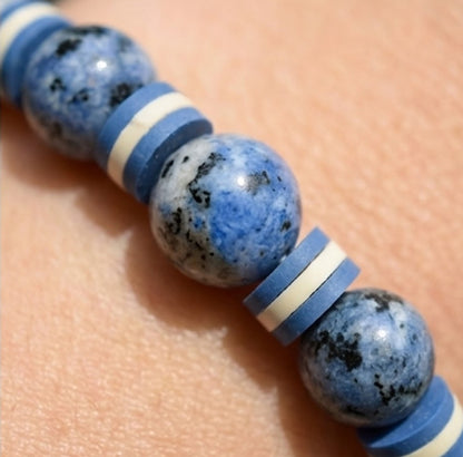 Handmade Bracelet – K2-Style & Azurite-Like Granite Beads with Blue & White Heishi Polymer Clay Spacers – Boho Style