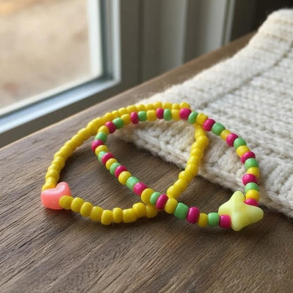 Handmade Yellow Pink Green Beaded Bracelet Set, Heart & Star Charm, Playful Boho Jewelry