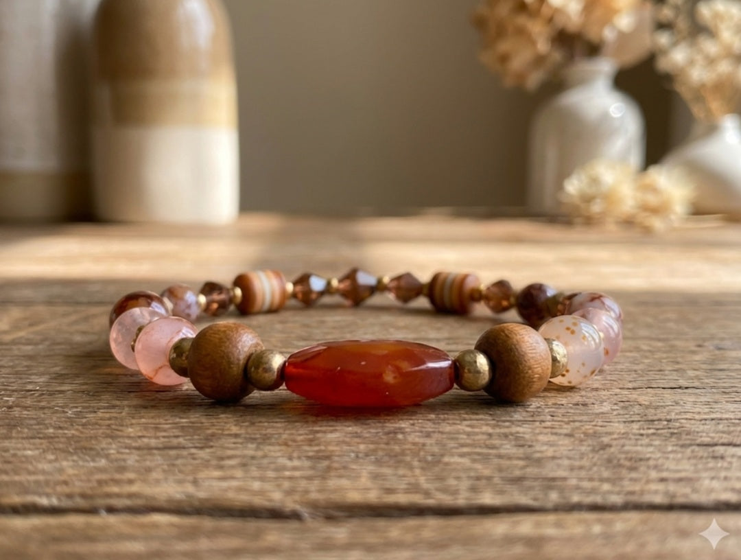 Handmade Beaded Bracelet with Warm Brown, Pink & Red Tones and Red Gemstone-Style Centerpiece – Earthy Autumn Jewelry