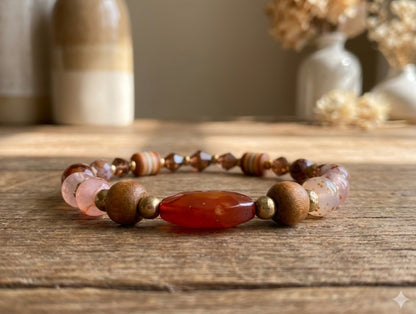 Handmade Beaded Bracelet with Warm Brown, Pink & Red Tones and Red Gemstone-Style Centerpiece – Earthy Autumn Jewelry