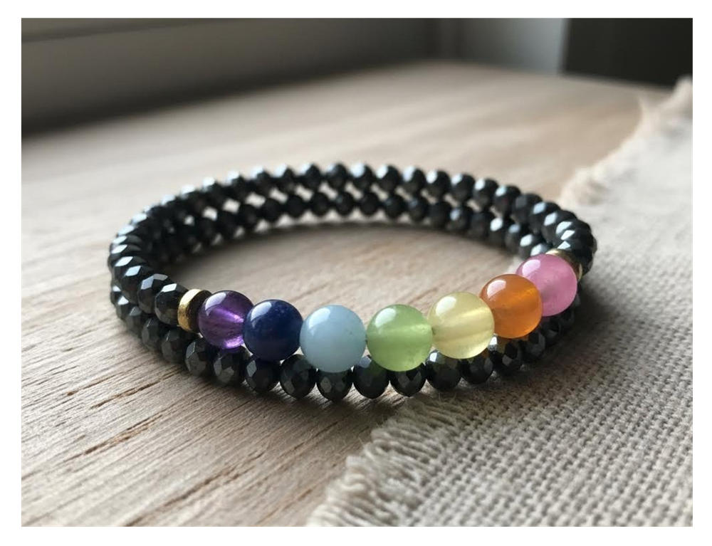 Multicolored beaded bracelet on a wooden surface