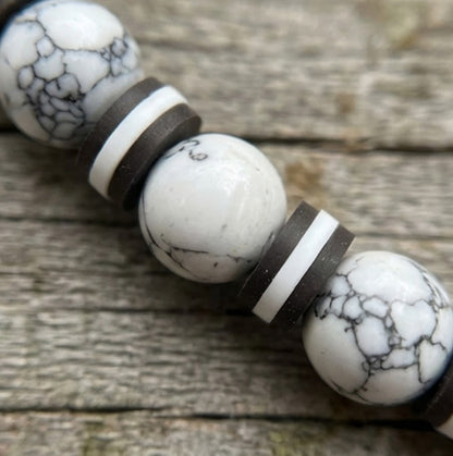 Handmade Beaded White Howlite-style & Black Onyx-style Stretch Bracelet, Boho Jewelry
