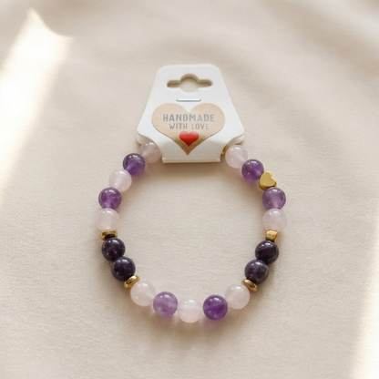 Purple Pink Gemstone Beaded Bracelet, Gold Heart Charm, Boho Stackable Jewelry