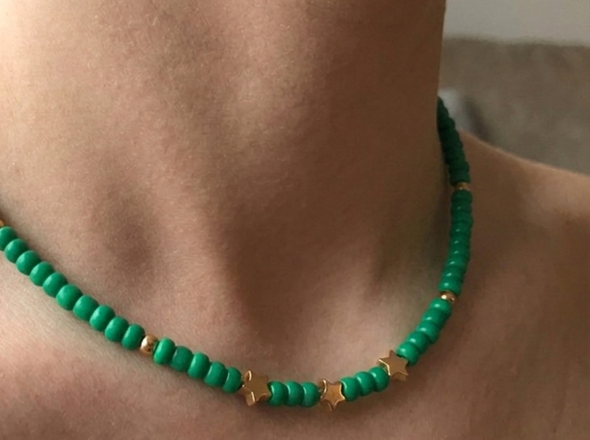 Handmade Green Seed Bead Necklace with Gold Star Charms, Dainty Celestial Jewelry