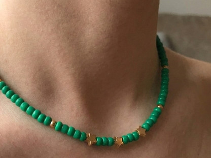 Handmade Green Seed Bead Necklace with Gold Star Charms, Dainty Celestial Jewelry