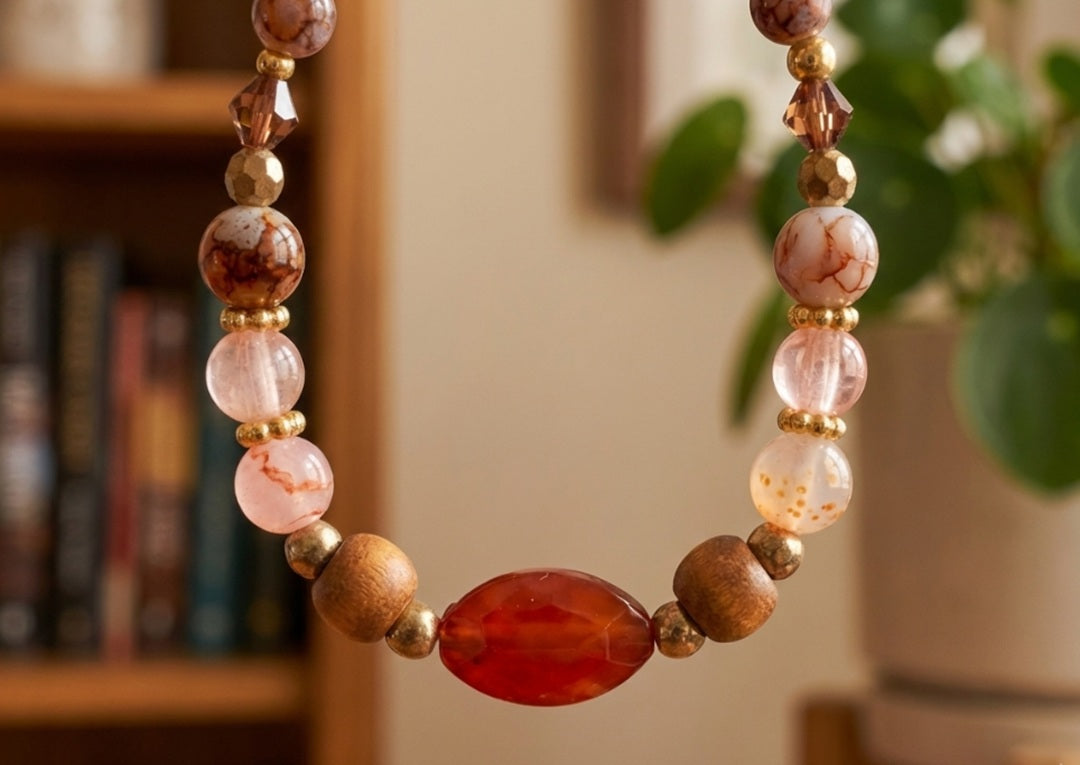 Handmade Beaded Bracelet with Warm Brown, Pink & Red Tones and Red Gemstone-Style Centerpiece – Earthy Autumn Jewelry