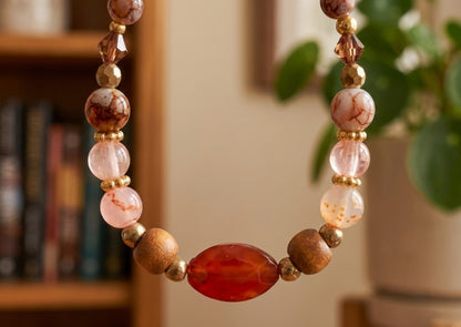 Handmade Beaded Bracelet with Warm Brown, Pink & Red Tones and Red Gemstone-Style Centerpiece – Earthy Autumn Jewelry