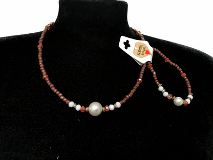 Handmade Pearl Beaded Necklace and Bracelet Set, Earthy Terracotta & White Jewelry, Elegant Boho Chic Set with 5cm Extension Chain
