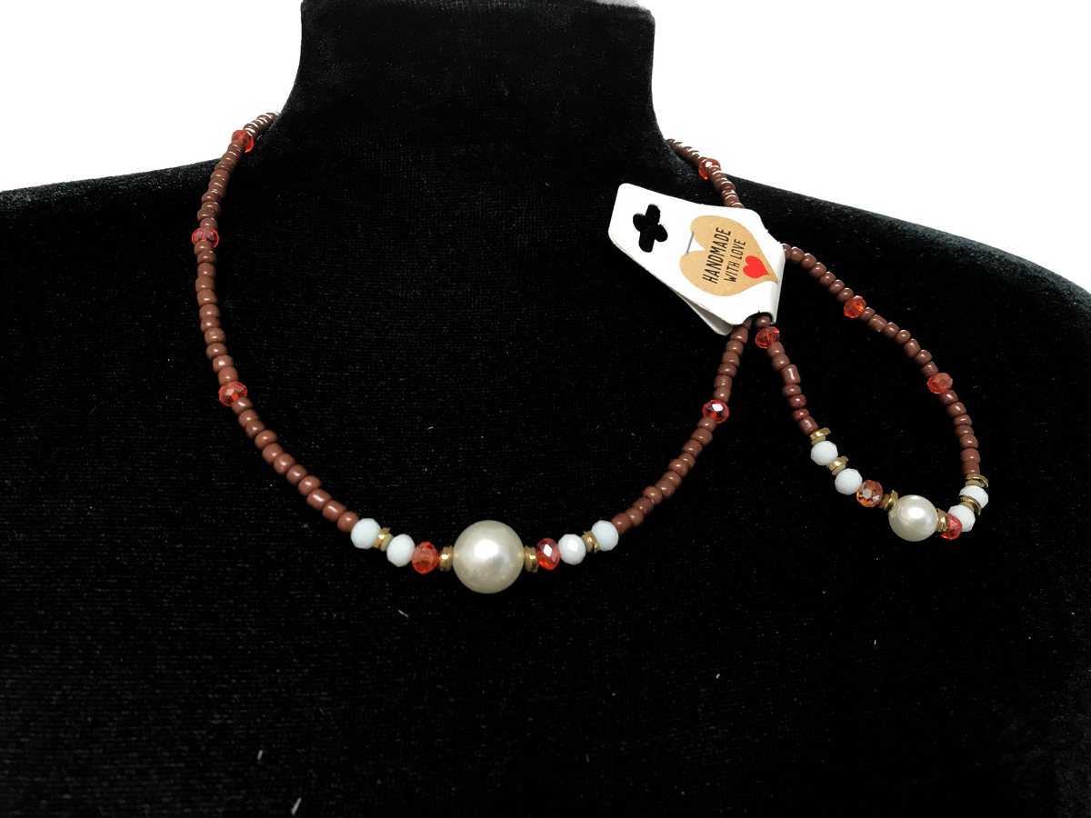 Handmade Faux Pearl Beaded Necklace and Bracelet Set, Earthy Terracotta & White Jewelry, Elegant Boho Chic Set with 5cm Extension Chain