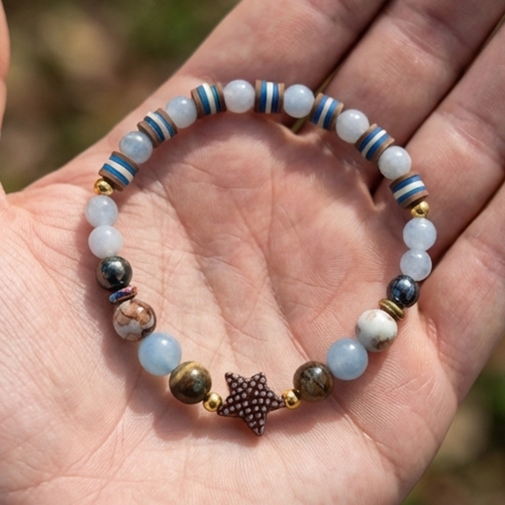 Aquamarine & Jasper Star Handmade Beaded Bracelet – Coastal Style Stretch Jewelry, Unique Stackable Gemstone Gift