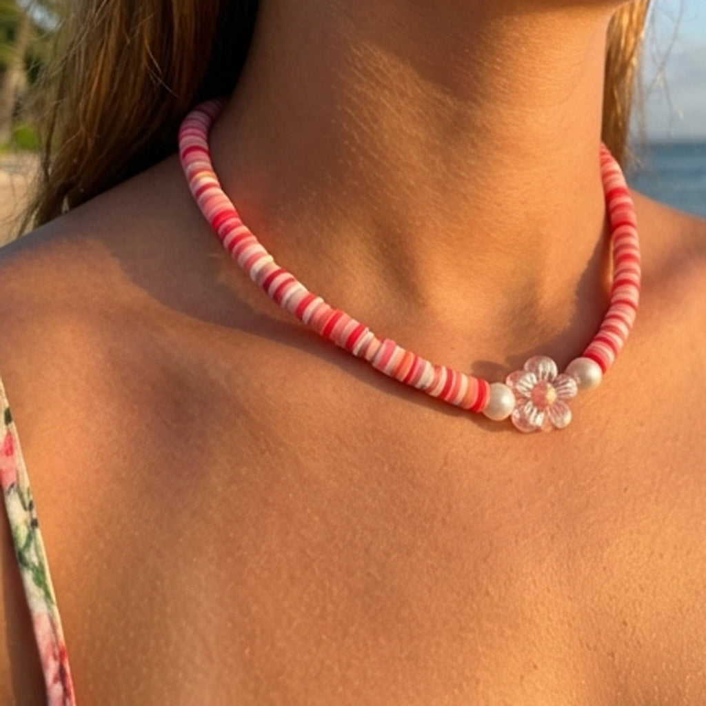 Pink Heishi Bead Necklace, Pastel Flower Charm, Surfer Beach Style Choker