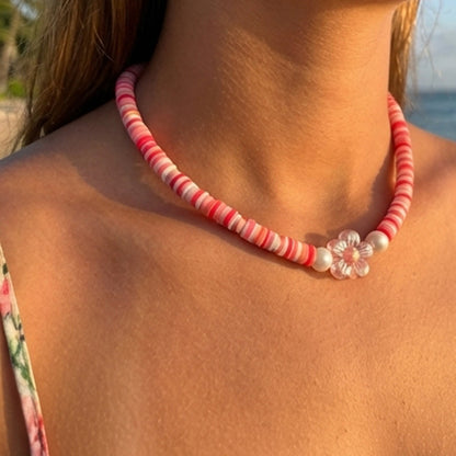 Pink Heishi Bead Necklace, Pastel Flower Charm, Surfer Beach Style Choker
