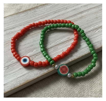 Handmade Red and Teal Green Beaded Bracelets with Candy-like and Watermelon Slice Charms, Teen Jewelry, Novelty Bracelet
