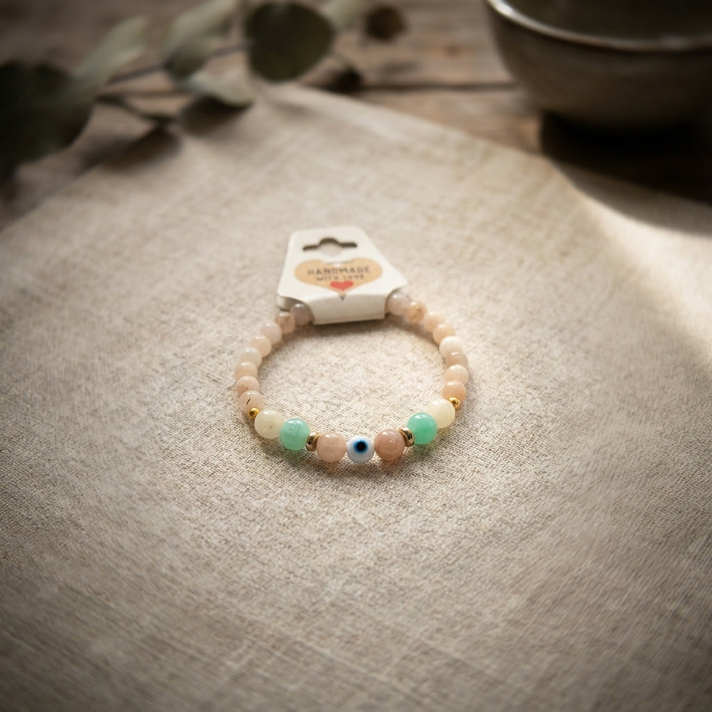 Handmade Gemstone Beaded Evil Eye Bracelet Charm Crystal Rose Quartz and Amazonite Moonstone Jewelry Boho Style Minimalist