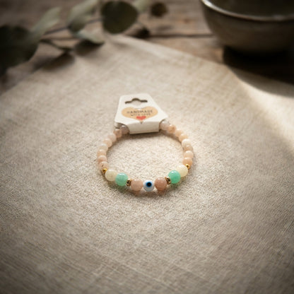 Handmade Gemstone Beaded Evil Eye Bracelet Charm Crystal Rose Quartz and Amazonite Moonstone Jewelry Boho Style Minimalist