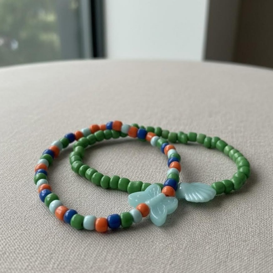 Shell Butterfly Charm Beaded Bracelet Set, Colorful Blue Green Orange Bracelet, Summer Beach Jewelry Friendship Bracelet
