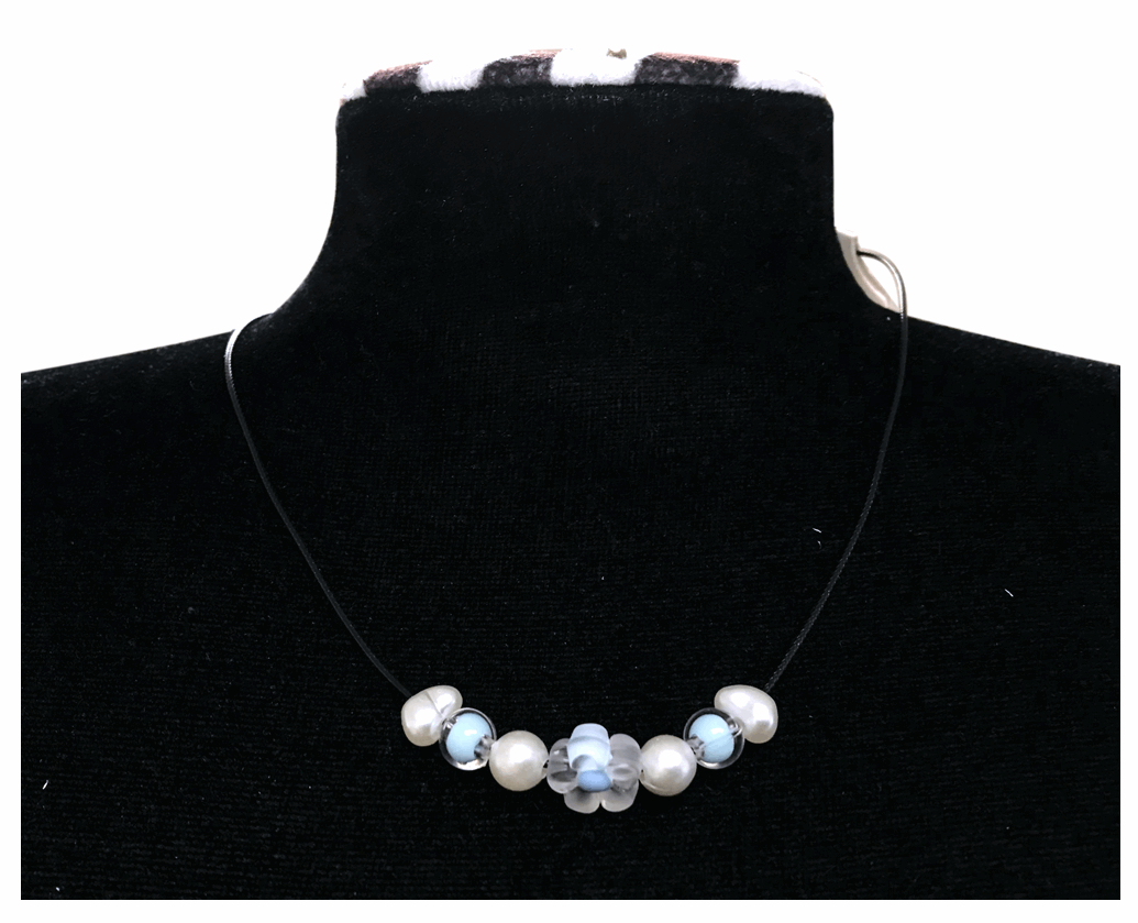 Minimalist Floral Design Necklace with Acrylic White Pearl Beads, Black Cord, Lobster Claw with Extension Chain