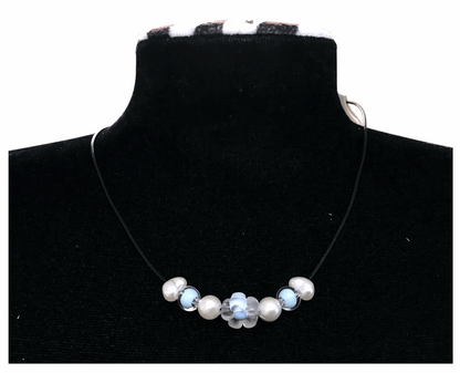 Minimalist Floral Design Necklace with Acrylic White Pearl Beads, Black Cord, Lobster Claw with Extension Chain