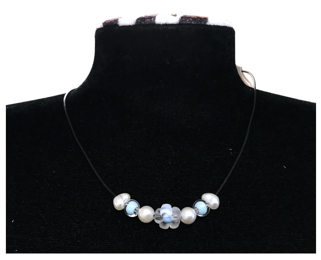 Minimalist Floral Design Necklace with Acrylic White Pearl-Like Beads, Black Cord, Lobster Claw with Extension Chain