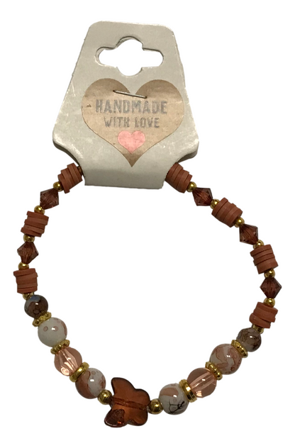 Handmade Beaded Stretch Bracelet with Warm Marbled Beads and Butterfly Centerpiece – Boho Gift Jewelry