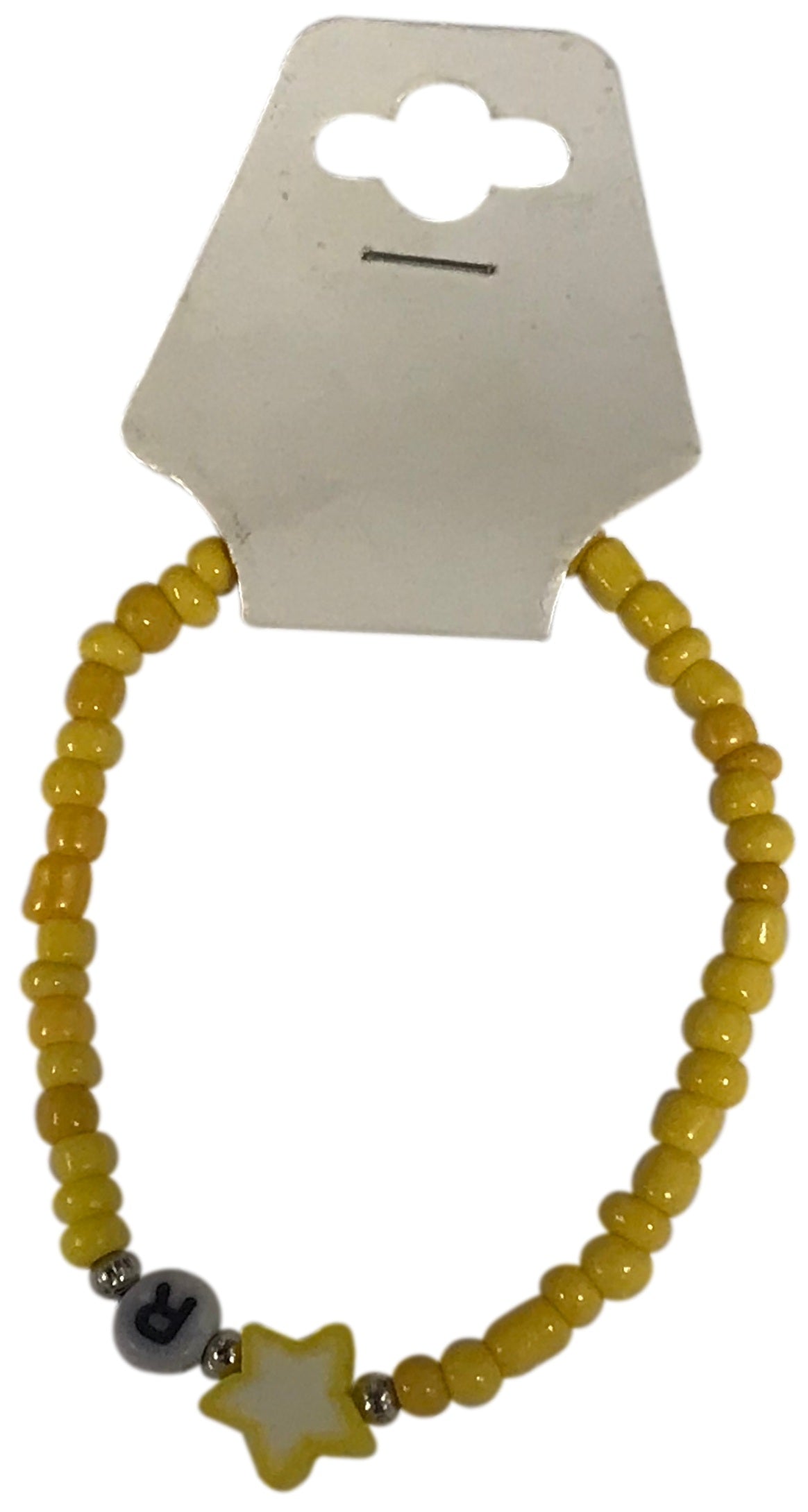 Yellow Seed Beaded Bracelet with Star Charm and Initial Letter Bead — Handmade Cute Stackable Stretch Jewelry, Minimalist Summer Gift