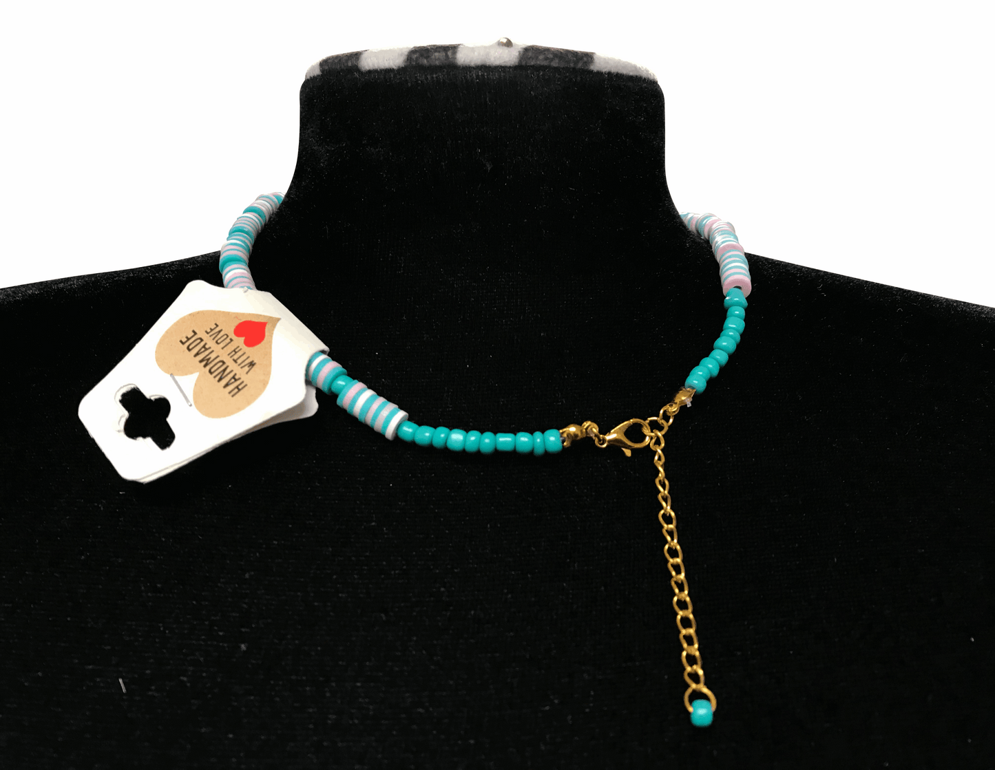 Turquoise Heishi Bead Necklace, Surfer Style Beach Beaded Jewelry, Pastel Pink Blue Choker, Metal-Plated Clasp w/ Extension Chain