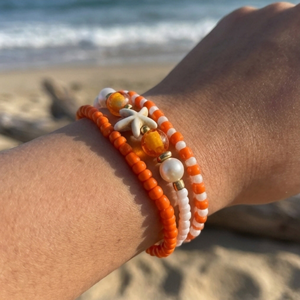 Handmade Orange White Beaded Bracelet Set, Starfish Charm, Boho Ocean Jewelry