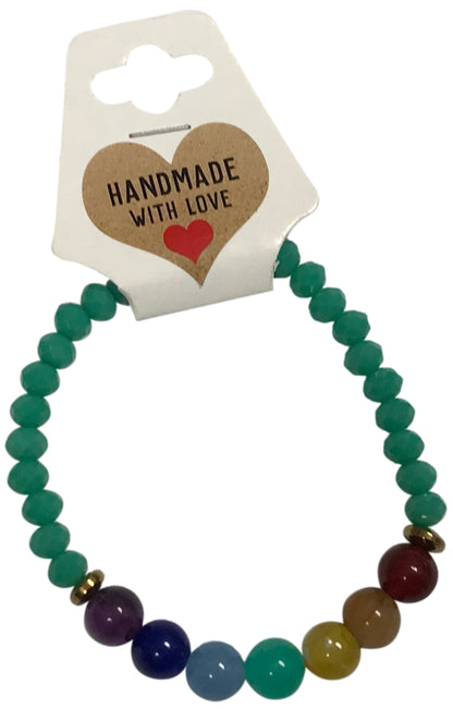 Green and Multicolored beaded bracelet on a card with 'Handmade with Love' text