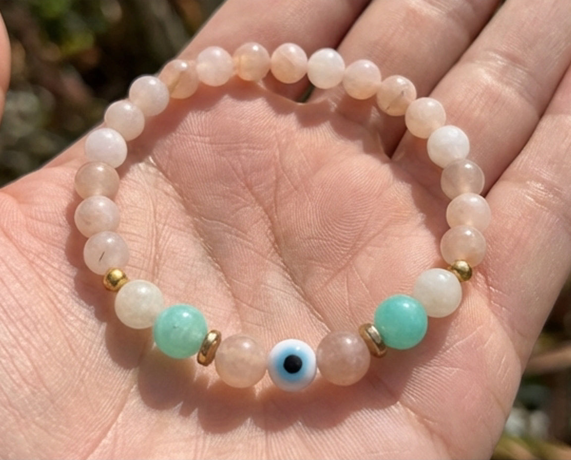 Handmade Gemstone Beaded Evil Eye Bracelet Charm Crystal Rose Quartz and Amazonite Moonstone Jewelry Boho Style Minimalist