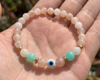 Handmade Gemstone Beaded Evil Eye Bracelet Charm Crystal Rose Quartz and Amazonite Moonstone Jewelry Boho Style Minimalist