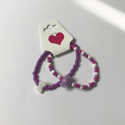 Purple & Pink Beaded Bracelet Set, Cute Bear and Heart Charm Jewelry, Coquette Aesthetic Seed Bead Bracelets, Handmade Birthday Gift for Her.