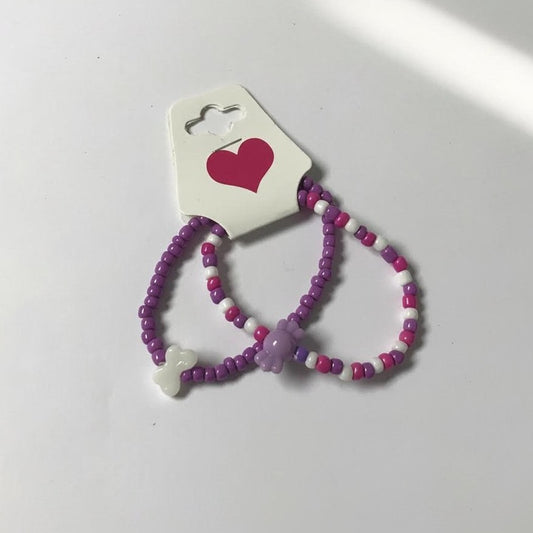 Purple & Pink Beaded Bracelet Set, Cute Bear and Heart Charm Jewelry, Coquette Aesthetic Seed Bead Bracelets, Handmade Birthday Gift for Her.