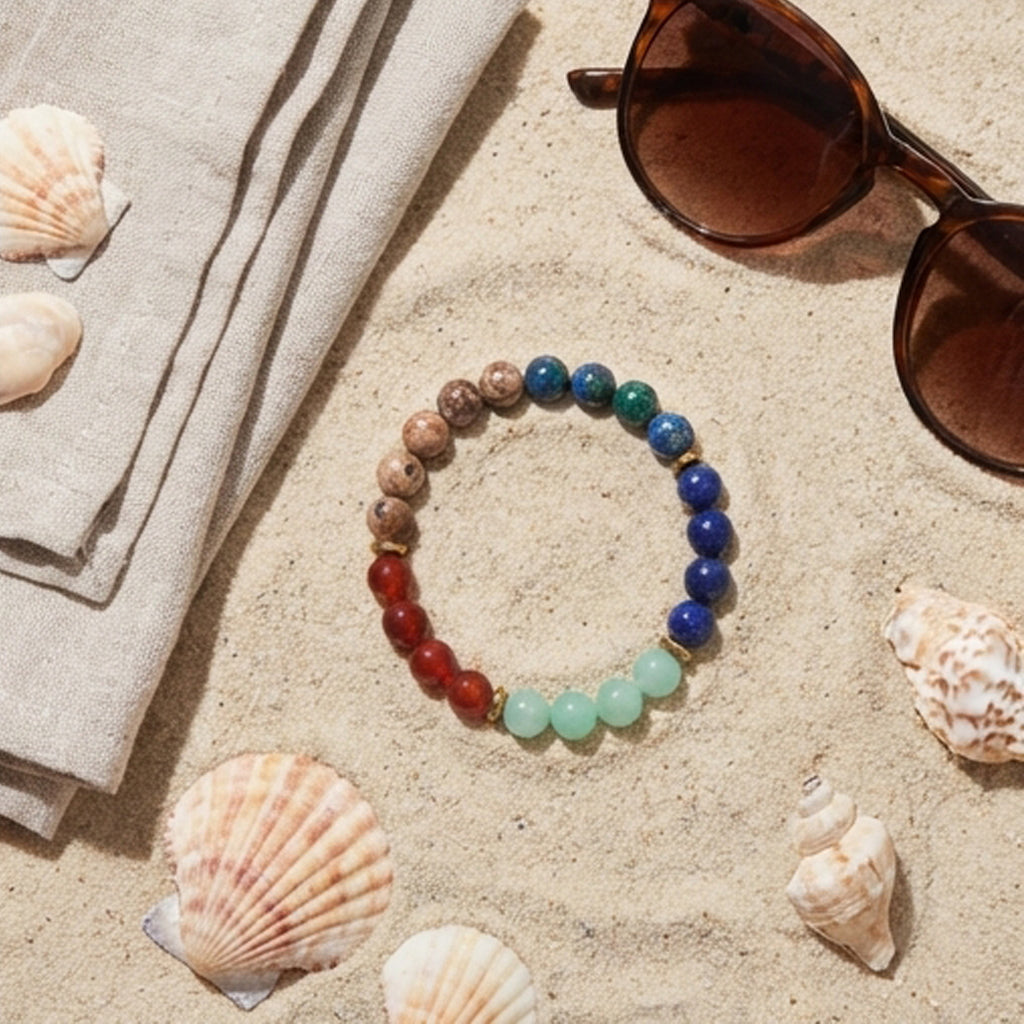 Colorful beaded bracelet on sand with shells and sunglasses