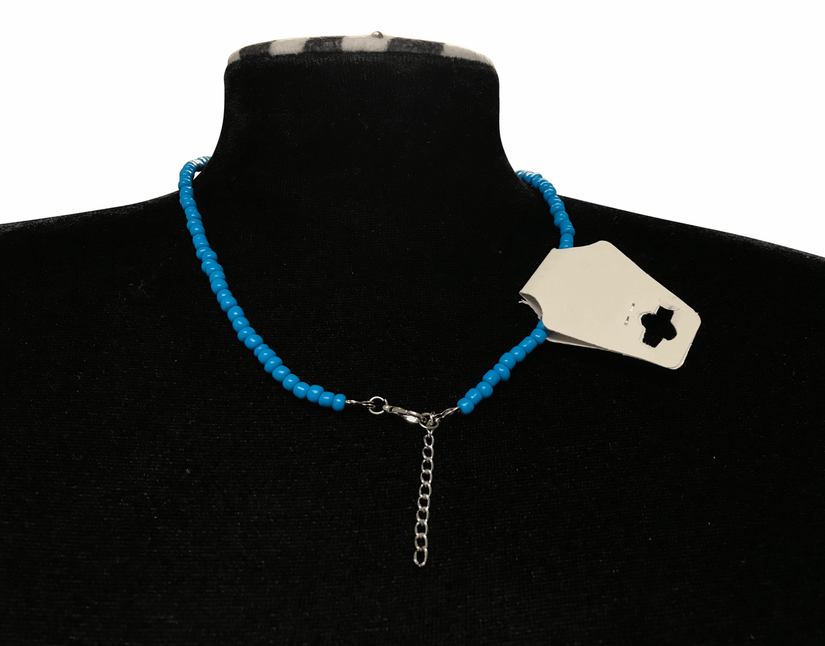 Blue Beaded Necklace with Daisy Charm, Minimalist Cute Seed Bead Summer Jewelry, Metal-Plated Clasp, Extension Chain