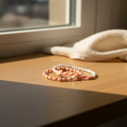 Orange & White Stretch Bracelet Sets, Handmade Heart Accent Stackable Jewelry, Personalized Friendship Duo Bracelets