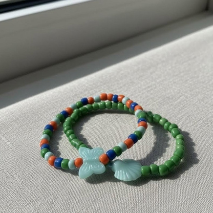Shell Butterfly Charm Beaded Bracelet Set, Colorful Blue Green Orange Bracelet, Summer Beach Jewelry Friendship Bracelet