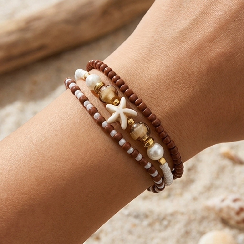 Handmade Brown White Gold Beaded Bracelet Set, Starfish Charm, Boho Ocean Jewelry