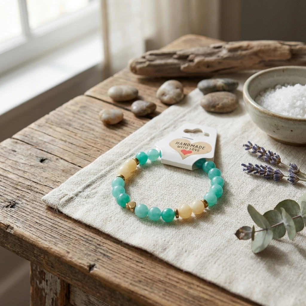 Teal Green Gemstone Beaded Bracelet, Gold Heart Charm, Boho Stackable Jewelry