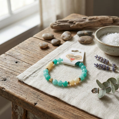 Teal Green Gemstone Beaded Bracelet, Gold Heart Charm, Boho Stackable Jewelry