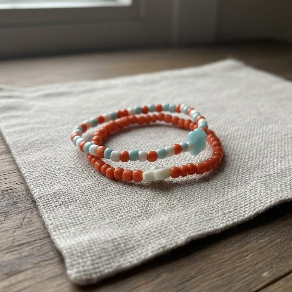 Beaded Bracelet Set, Orange White & Aqua Stretch Bracelets w/ Flower Charm - Happiness, Calm & Growth Symbol Jewelry