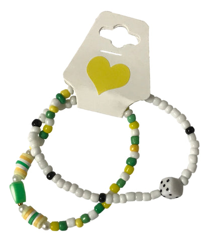 Handmade Green & White Beaded Bracelet Set (2 pcs) – Dice Charm, Striped Beads & Fun Star Accents, Playful Jewelry Gift for Kids/Teens