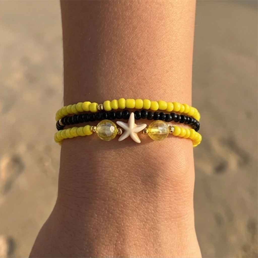Handmade Yellow Black Beaded Bracelet Set, Starfish Charm, Boho Ocean Jewelry