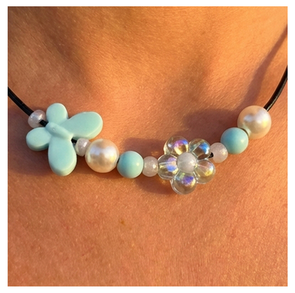 Handcrafted Flower-Butterfly Design Necklace with Pearl-like Beads, Black Cord, Lobster Claw with Extension Chain