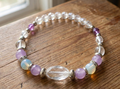 Handmade Beaded Bracelet – Amethyst-Style, Moonstone-Inspired & Quartz-Look Accents, Purple Boho Jewelry